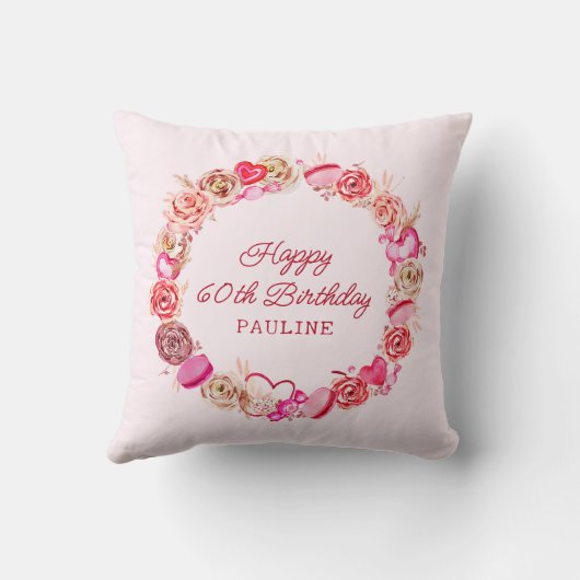 60誕生日ギフトピンクローズ渦巻形のハート クッション (裏面)