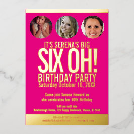 60誕生日グラフィックピンクの金ゴールドフォイルのフォトサークル 箔招待状