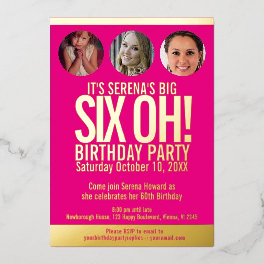 60誕生日グラフィックピンクの金ゴールドフォイルのフォトサークル 箔招待状 (正面)