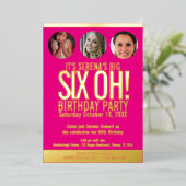 60誕生日グラフィックピンクの金ゴールドフォイルのフォトサークル 箔招待状 (立ち正面)