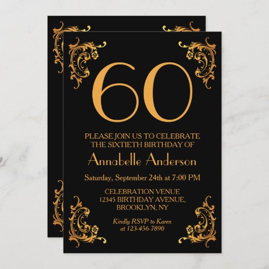 60誕生日グラムモダン金ゴールドブラックヴィンテージレトロ 招待状 (正面/裏面)