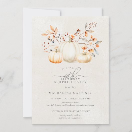 60誕生日サプライズパーティーホワイトパンプキン秋 招待状 (正面)