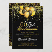 60誕生日サプライズパーティー金ゴールドブラックグリッターイン 招待状 (正面/裏面)