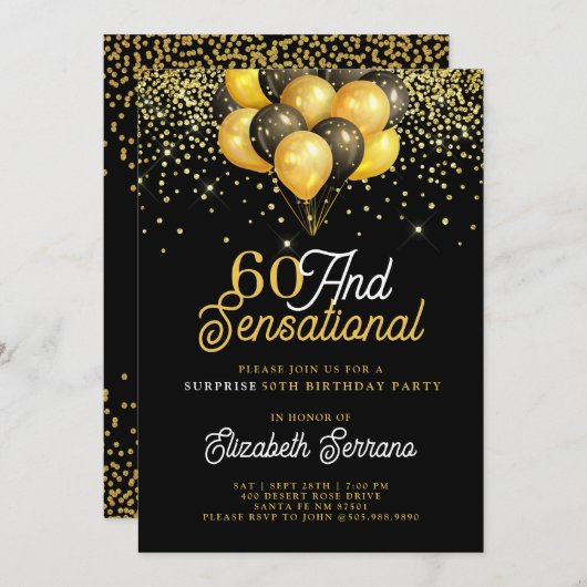 60誕生日サプライズパーティー金ゴールドブラックグリッターイン 招待状 (正面/裏面)