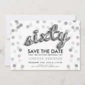 60誕生日シルバーバルーングリッター日付の保存 招待状 (正面)