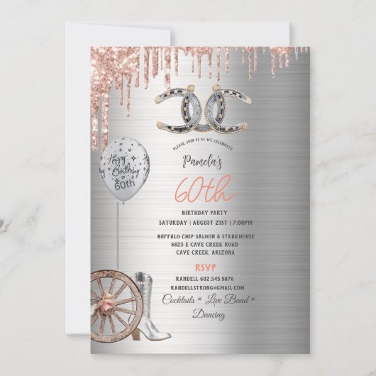 60誕生日シルバー女性のカーボーイブーツホースシューズバラ 招待状 (正面)