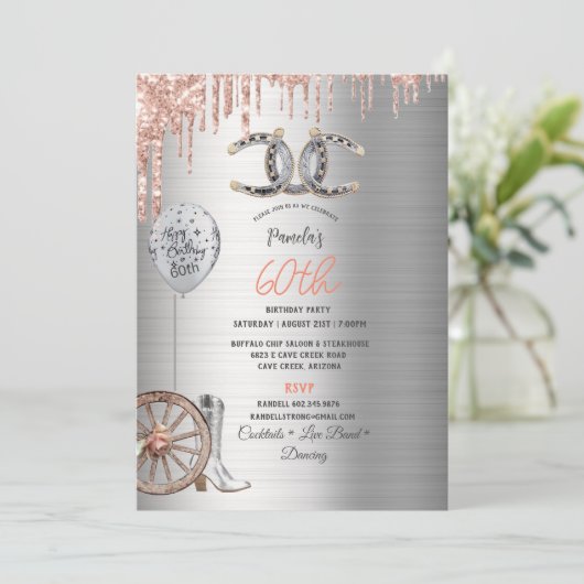 60誕生日シルバー女性のカーボーイブーツホースシューズバラ 招待状 (スタンド正面)