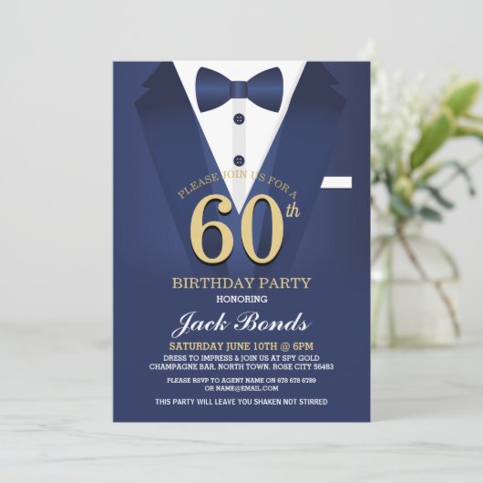60誕生日スパイスーツブラックタイ金ゴールド海軍 招待状 (スタンド正面)