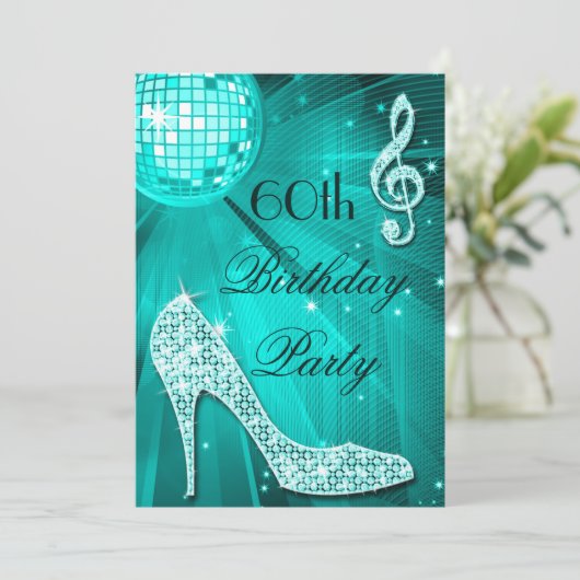 60誕生日スパークルヒール&ティール(緑がかった色)ディスコボール 招待状 (スタンド正面)
