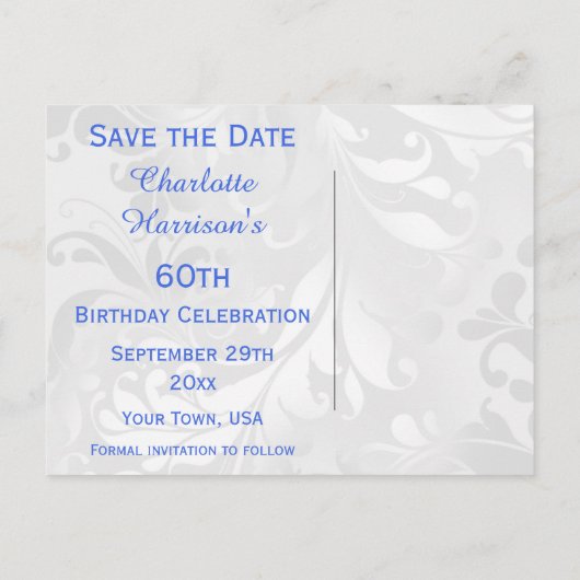 60誕生日ダマスクフェイクと弓の日付を保存 案内ポストカード (裏面)