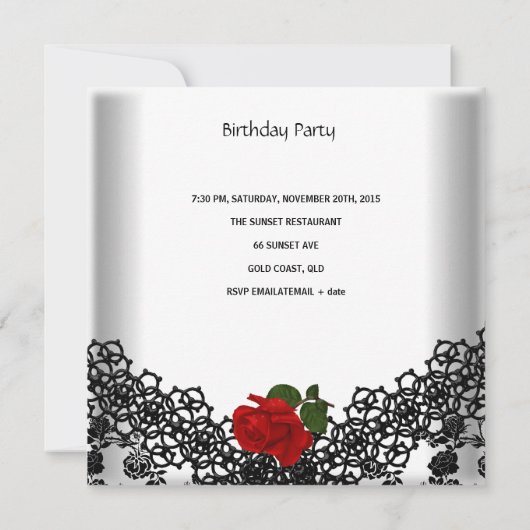 60誕生日ダマスクレース白黒レッドローズ 招待状 (裏面)