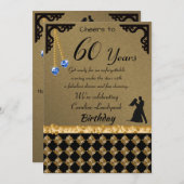 60誕生日ダンスパーティーブルーハート宝石&ダマスク 招待状 (正面/裏面)