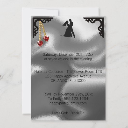 60誕生日ダンスパーティー銀箔、赤いハートI 招待状 (裏面)