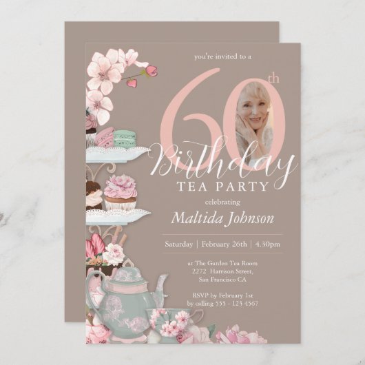 60誕生日ティーパーティーフローラピンクカスタムの写真 招待状 (正面/裏面)
