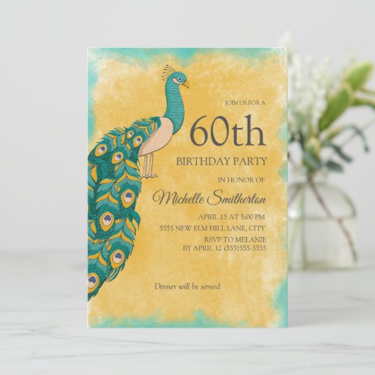 60誕生日ティール（緑がかった色）イエローウォーターカラーピーコック 招待状 (スタンド正面)