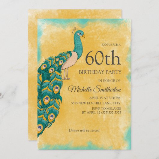 60誕生日ティール(緑がかった色)イエローウォーターカラーピーコック 招待状 (正面/裏面)