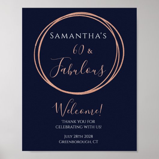 60誕生日ネイビーバラ金ゴールドパーティー歓迎 ポスター (正面)