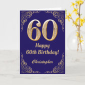 60誕生日ネイビーブルーと金ゴールドグリッターフレーム カード (黄色い花)