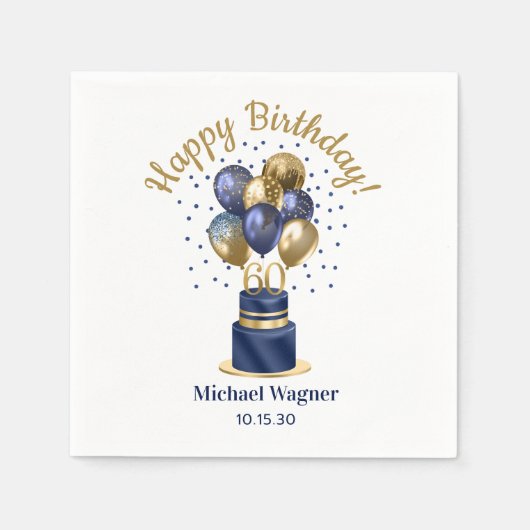 60誕生日ネイビーブルーバルーンケーキ スタンダードカクテルナプキン (正面)