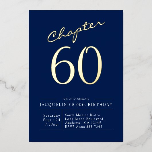 60誕生日ネイビーブルー金ゴールド 箔招待状 (正面)