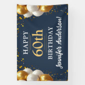 60誕生日ネイビーブルー&金ゴールドお祝い 横断幕 (縦)