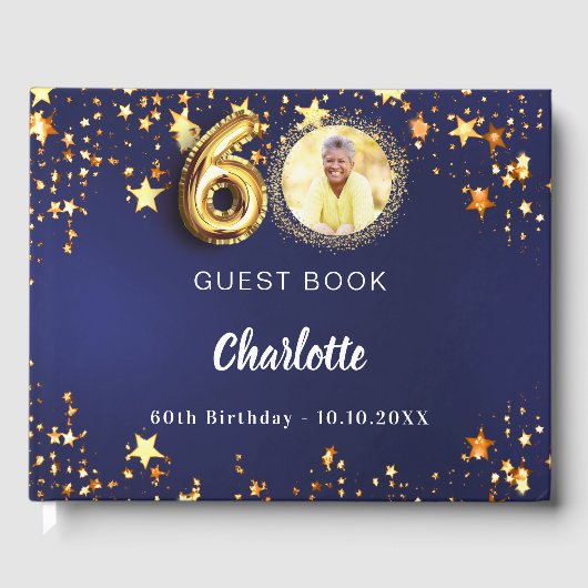 60誕生日ネイビー青金ゴールド星写真 ゲストブック (正面)