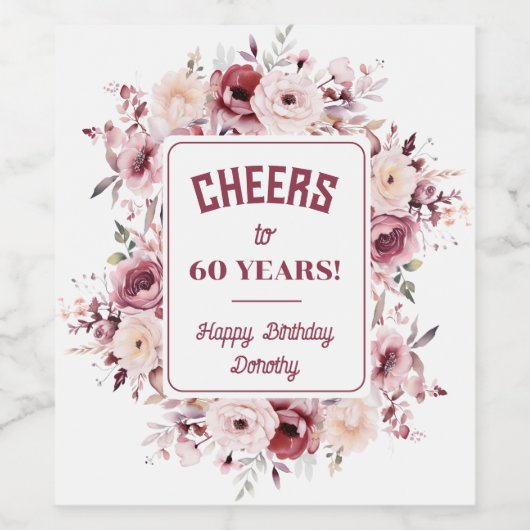 60誕生日バパーソナライズされたルガンディーピンクフローラ ワインラベル (シングルラベル)