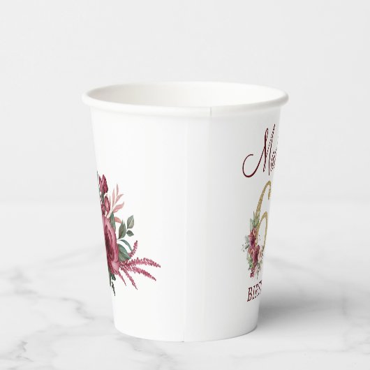 60誕生日バパーソナライズされたルガンディ金ゴールドフローラ 紙コップ (右)