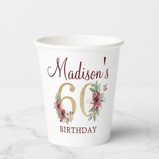 60誕生日バパーソナライズされたルガンディ金ゴールドフローラ 紙コップ (正面)
