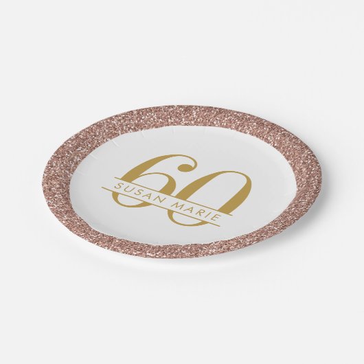 60誕生日バラ金ゴールドパーソナライズされたピンクグリッター ペーパープレート (アングル)