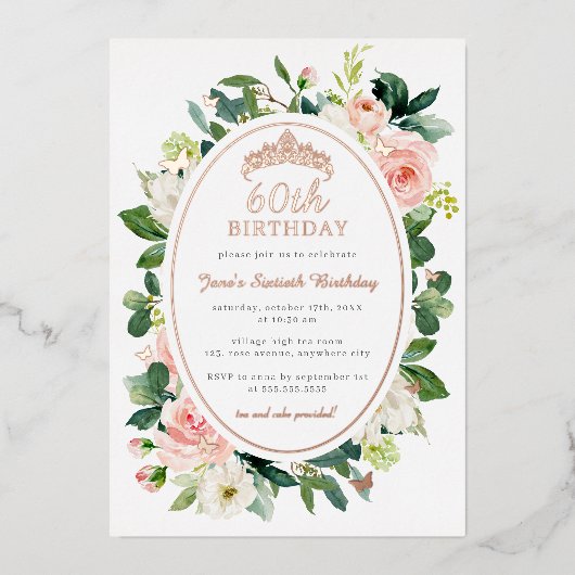 60誕生日バラ金ゴールドピンクバタフライフローラ 箔招待状 (正面)