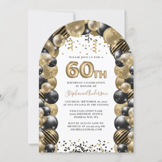 60誕生日バルーン金ゴールドブラックスパークル 招待状