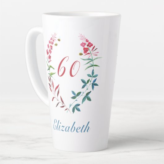 60誕生日パーソナライズされたピンクフェミニンフローラ カフェラテマグ (左アングル)