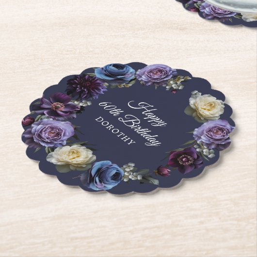 60誕生日パーソナライズされたムーディパープル花 ペーパーコースター (アングル)