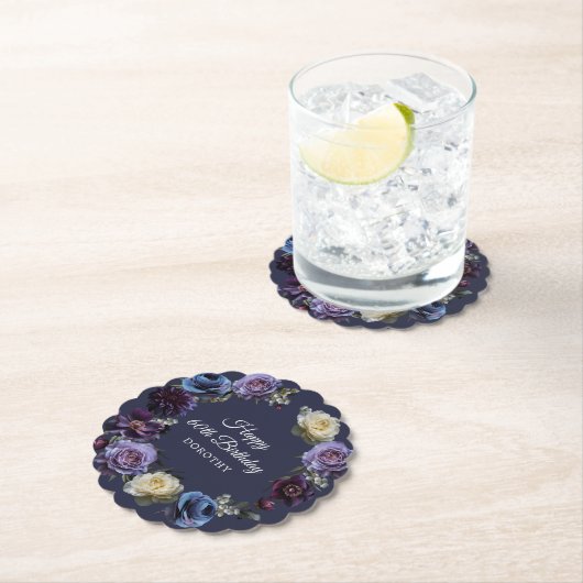 60誕生日パーソナライズされたムーディパープル花 ペーパーコースター (インサイチュ)