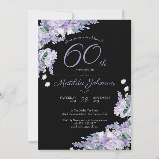 60誕生日パープルウォーター色フローラブラックシック 招待状 (正面)