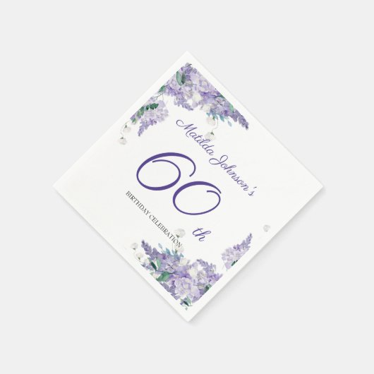 60誕生日パープルフローラ白エレガント色 スタンダードカクテルナプキン (角)