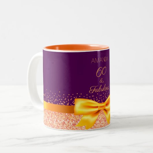 60誕生日パープル金ゴールドエレガントボウ名 ツートーンマグカップ (正面左)