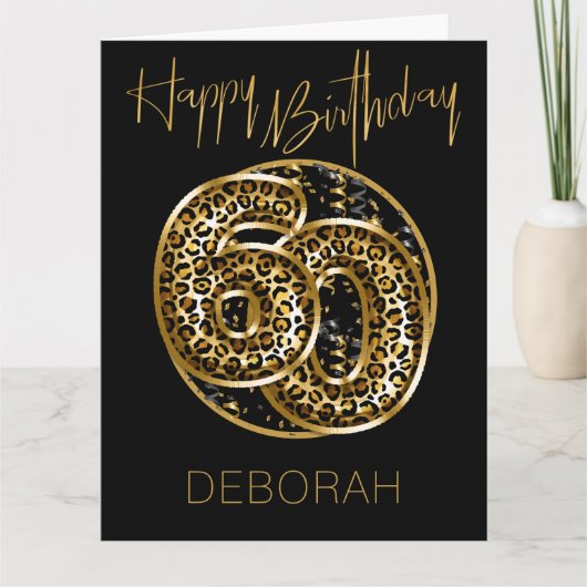 60誕生日ヒョウ印刷ゴールドフォイルバルーン カード (正面)