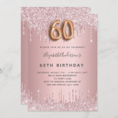 60誕生日ピンクほこりっぽいバラグリッター贅沢 招待状 (正面/裏面)