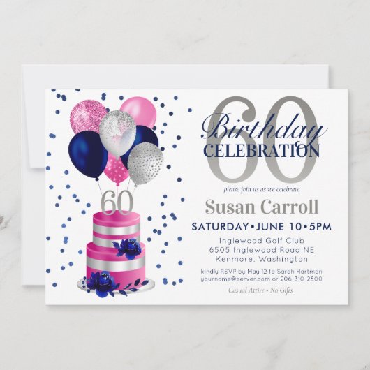 60誕生日ピンクケーキ 招待状 (正面)