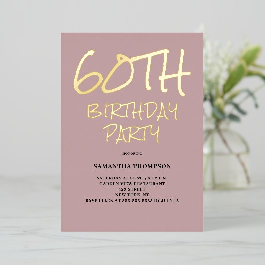 60誕生日ピンクパーティーフォイル招待状 箔招待状 (立ち正面)