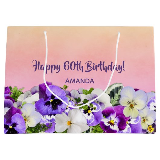 60誕生日ピンクパープル花模様名 ラージペーパーバッグ (正面)