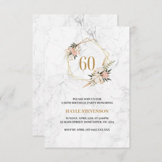 60誕生日ピンクフローラホワイトマーブルシック 招待状 (正面/裏面)