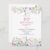 60誕生日ピンクフローラワイルドフラワー招待状 ポストカード (正面/裏面)