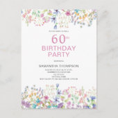 60誕生日ピンクフローラワイルドフラワー招待状 ポストカード (正面)
