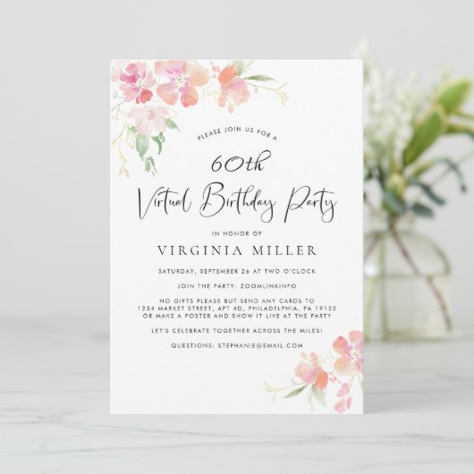 60誕生日ピンクフローラ水彩仮想パーティー 招待状 (スタンド正面)