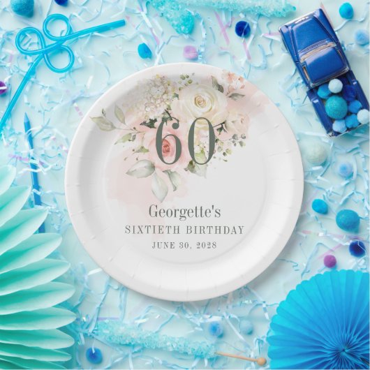 60誕生日ピンクフローラ緑赤面 ペーパープレート (パーティー)