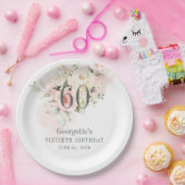 60誕生日ピンクフローラ緑赤面 ペーパープレート (パーティー)