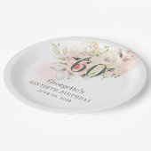 60誕生日ピンクフローラ緑赤面 ペーパープレート (アングル)